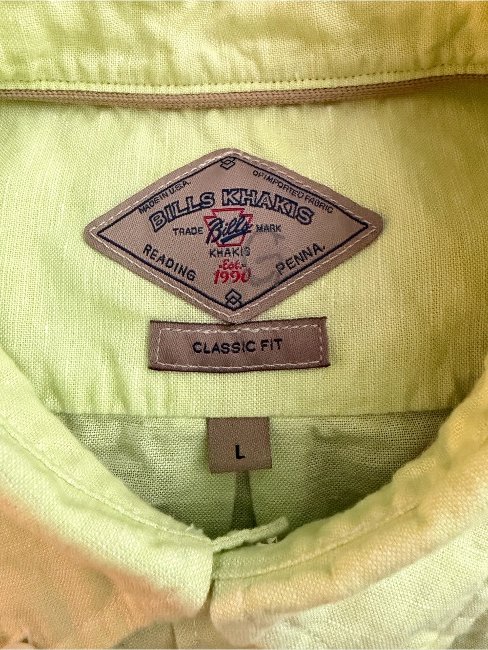 Bills Khakis Classic Fit Short Sleeve Button-Down Linen Cotton Shirt Yellow L